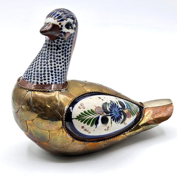 Sergio Bustamante Brass Porcelain Goose Figurine Floral Mixed Metal MCM - Picture 1 of 9